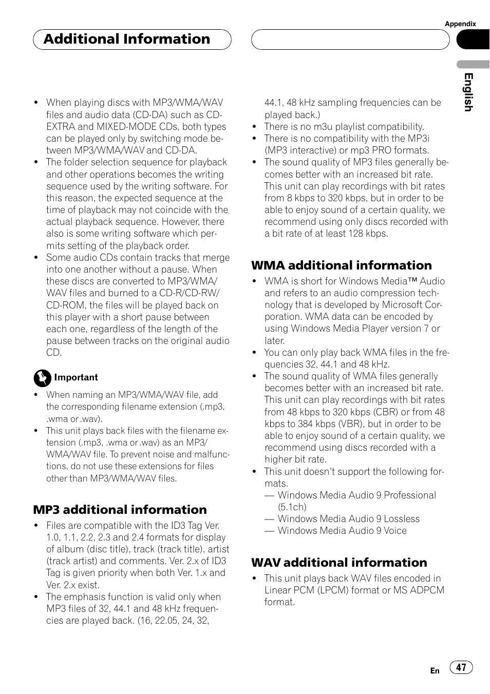 Mp3 additional information 47, Wma additional information 47, Wav additional information 47 | Additional information, Mp3 additional information, Wma additional information, Wav additional information | Pioneer DEH-P5800MP User Manual | Page 47 / 110