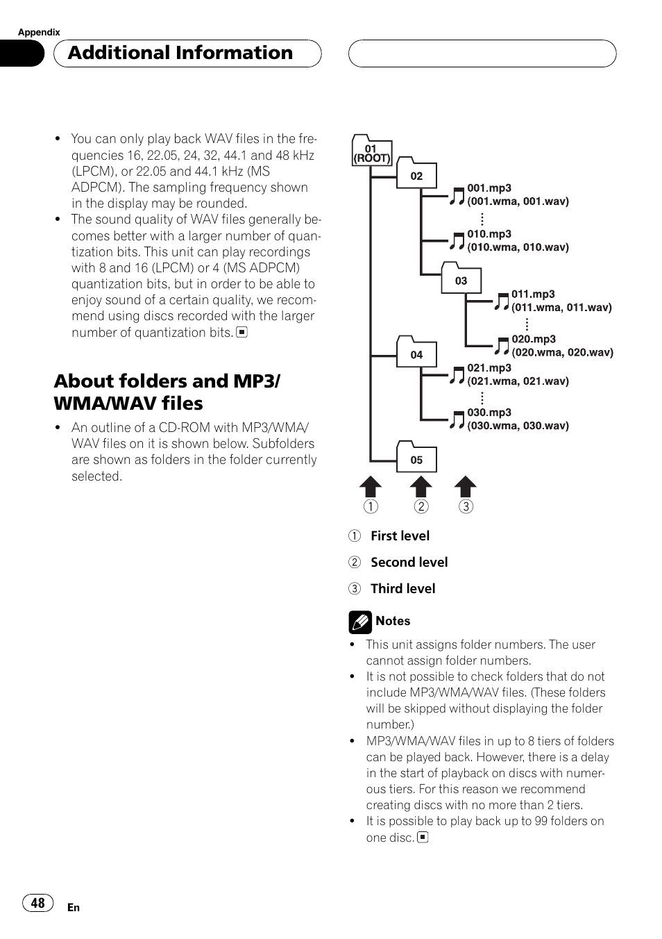 About folders and mp3/wma/wav files 48, About folders and mp3/ wma/wav files, Additional information | Pioneer DEH-P5800MP User Manual | Page 48 / 110