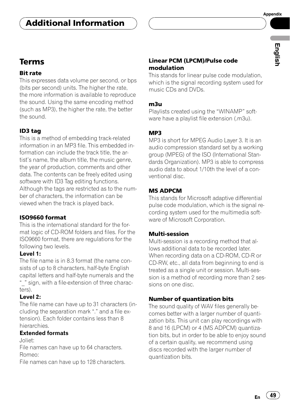 Terms 49, Terms, Additional information | Pioneer DEH-P5800MP User Manual | Page 49 / 110