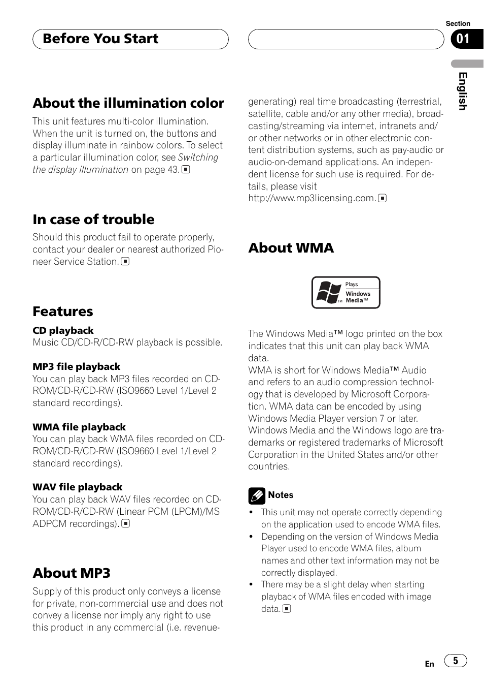 About the illumination color 5, In case of trouble 5, Features 5 | About mp3 5, About wma 5, About the illumination color, Features, About mp3, About wma, Before you start | Pioneer DEH-P5800MP User Manual | Page 5 / 110