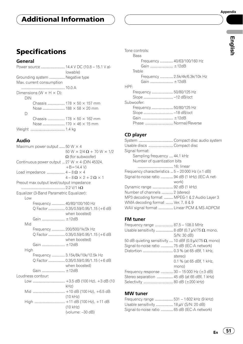 Specifications 51, Specifications, Additional information | English, General, Audio, Cd player, Fm tuner, Mw tuner | Pioneer DEH-P5800MP User Manual | Page 51 / 110
