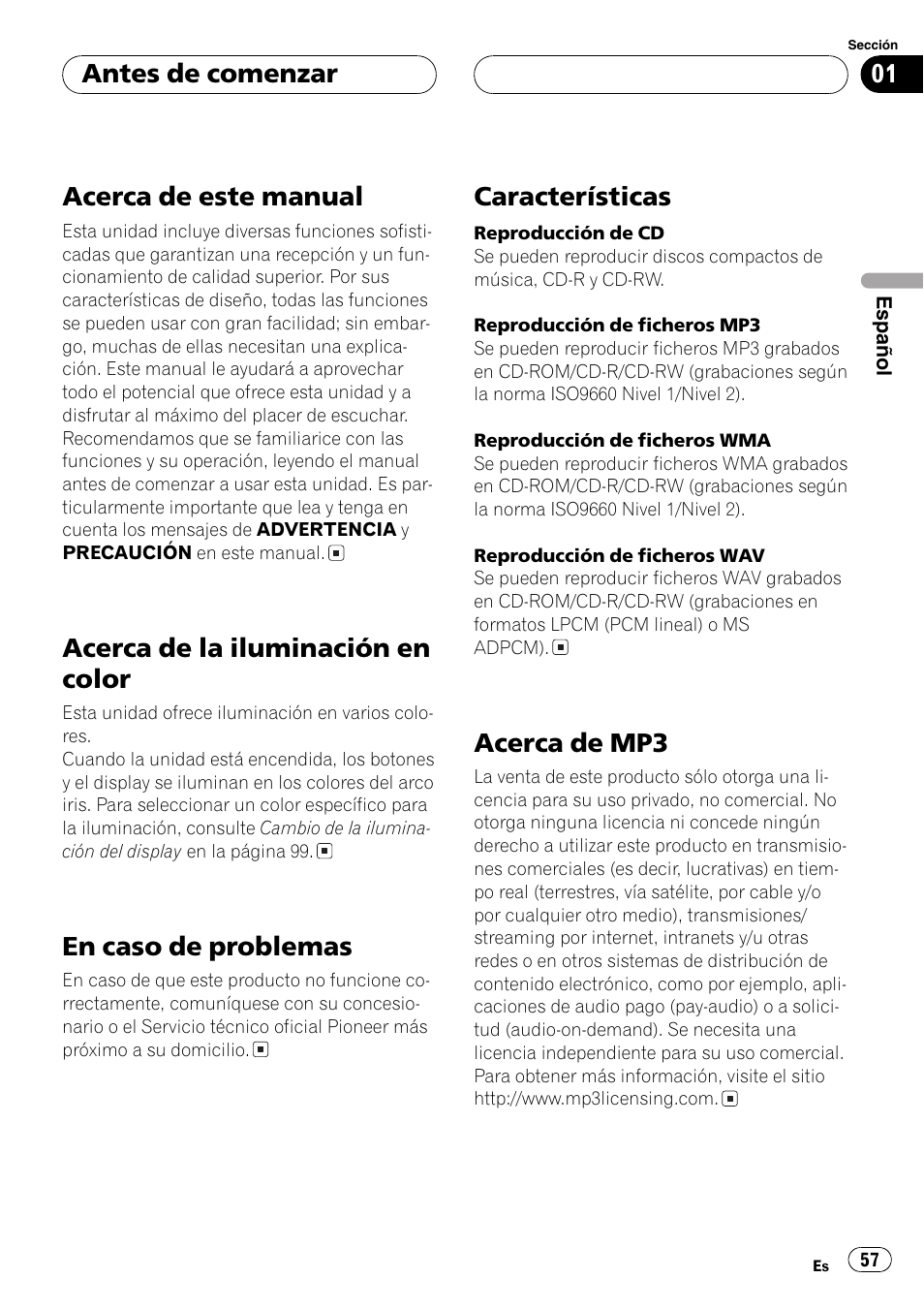 Acerca de este manual 57, Acerca de la iluminación en color 57, En caso de problemas 57 | Características 57, Acerca de mp3 57, Acerca de este manual, Acerca de la iluminación en color, En caso de problemas, Características, Acerca de mp3 | Pioneer DEH-P5800MP User Manual | Page 57 / 110