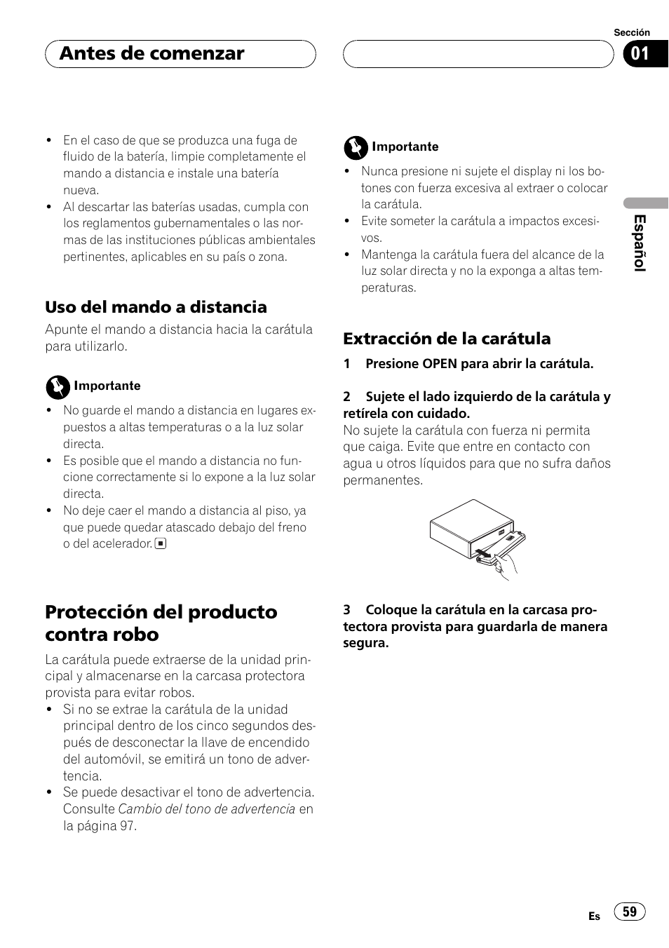 Uso del mando a distancia 59, Protección del producto contra robo 59, Extracción de la carátula 59 | Protección del producto contra robo, Antes de comenzar, Uso del mando a distancia, Extracción de la carátula | Pioneer DEH-P5800MP User Manual | Page 59 / 110