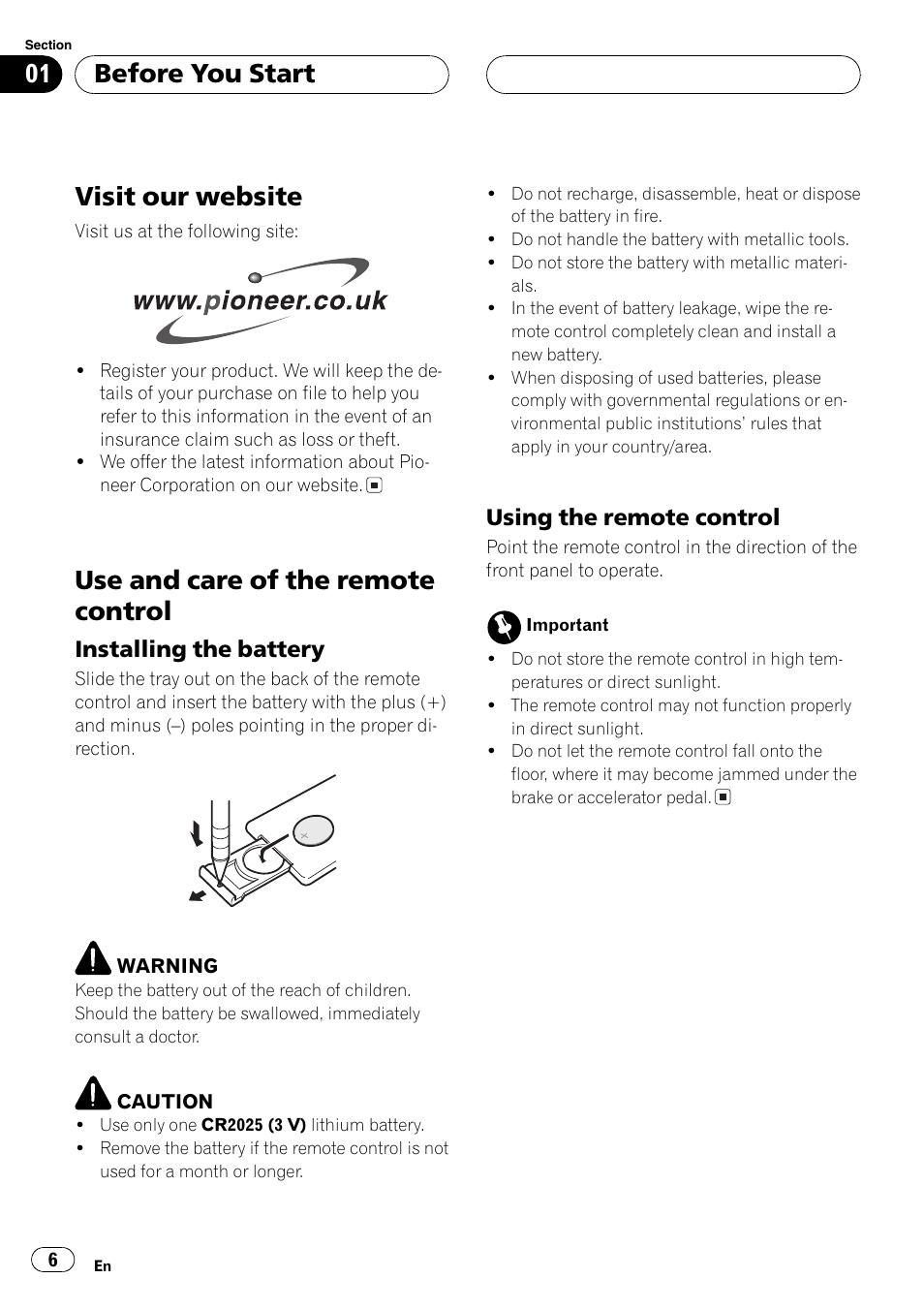 Visit our website 6, Use and care of the remote control 6, Installing the battery 6 | Using the remote control 6, Visit our website, Use and care of the remote control, Before you start, Installing the battery, Using the remote control | Pioneer DEH-P5800MP User Manual | Page 6 / 110