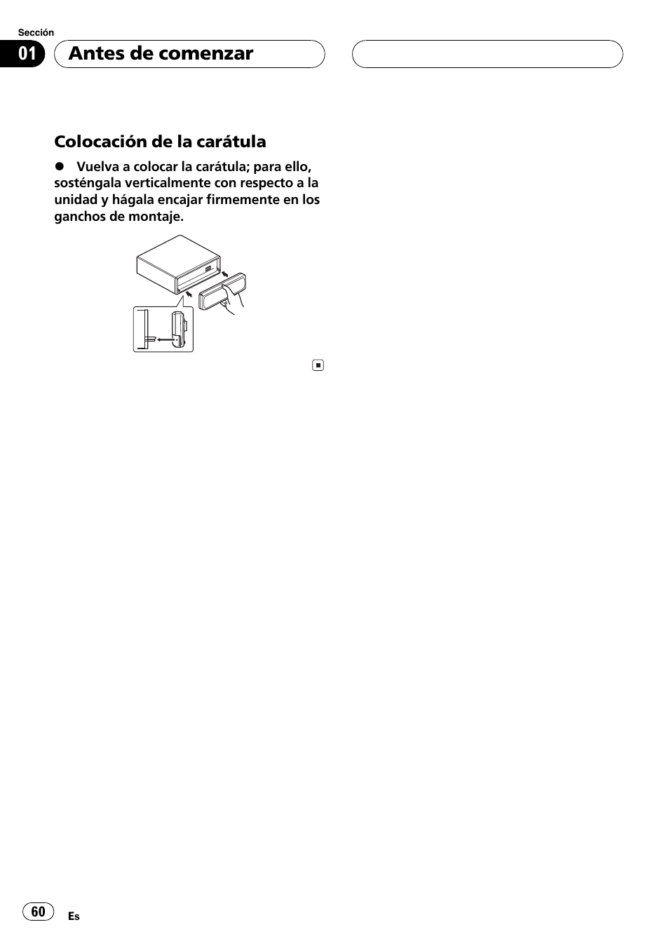 Colocación de la carátula 60, Antes de comenzar | Pioneer DEH-P5800MP User Manual | Page 60 / 110