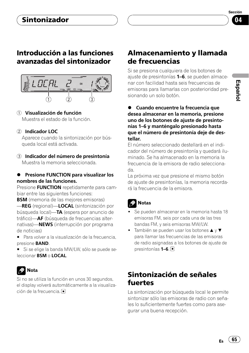 Introducción a las funciones avanzadas del, Sintonizador 65, Almacenamiento y llamada de | Frecuencias 65, Sintonización de señales fuertes 65, Almacenamiento y llamada de frecuencias, Sintonización de señales fuertes, Sintonizador | Pioneer DEH-P5800MP User Manual | Page 65 / 110