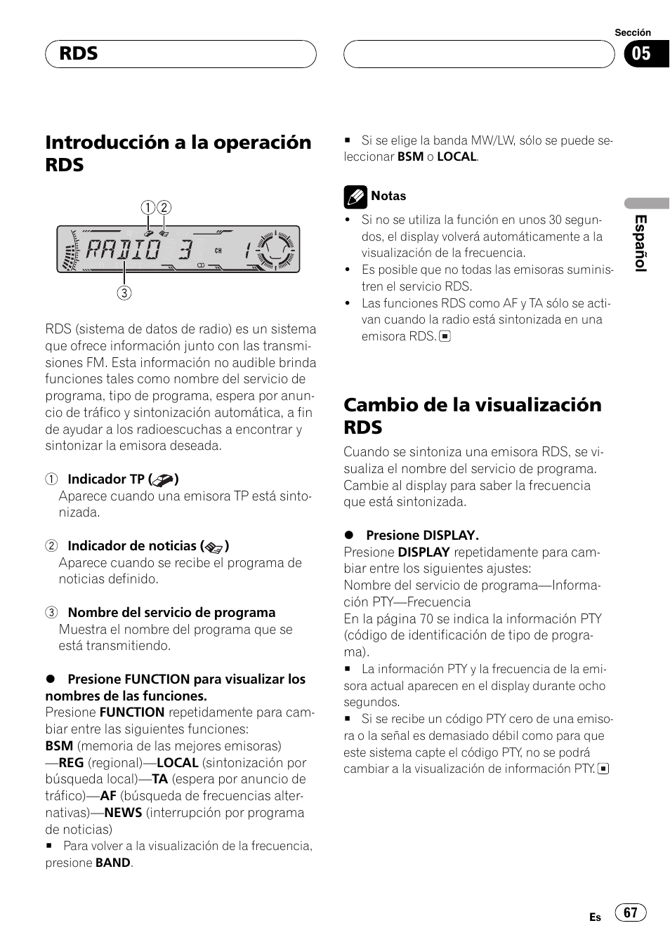 Introducción a la operación rds 67, Cambio de la visualización rds 67, Introducción a la operación rds | Cambio de la visualización rds | Pioneer DEH-P5800MP User Manual | Page 67 / 110