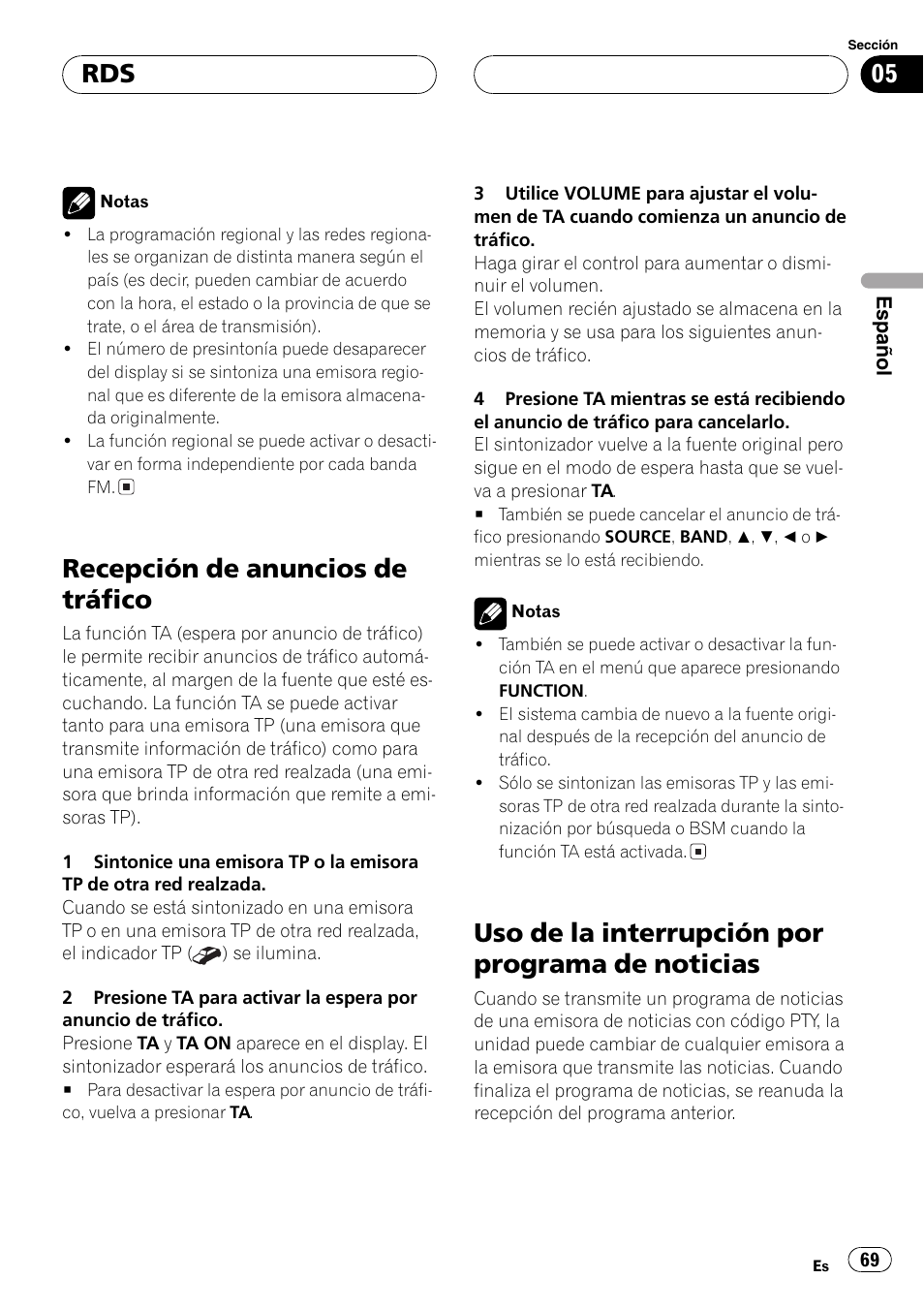 Recepción de anuncios de tráfico 69, Uso de la interrupción por programa de, Noticias 69 | Recepción de anuncios de tráfico, Uso de la interrupción por programa de noticias | Pioneer DEH-P5800MP User Manual | Page 69 / 110