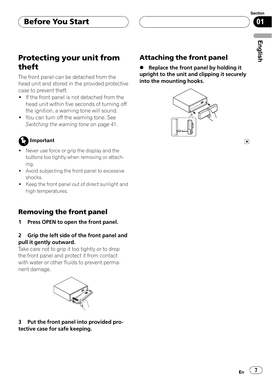 Protecting your unit from theft 7, Removing the front panel 7, Attaching the front panel 7 | Protecting your unit from theft, Before you start | Pioneer DEH-P5800MP User Manual | Page 7 / 110