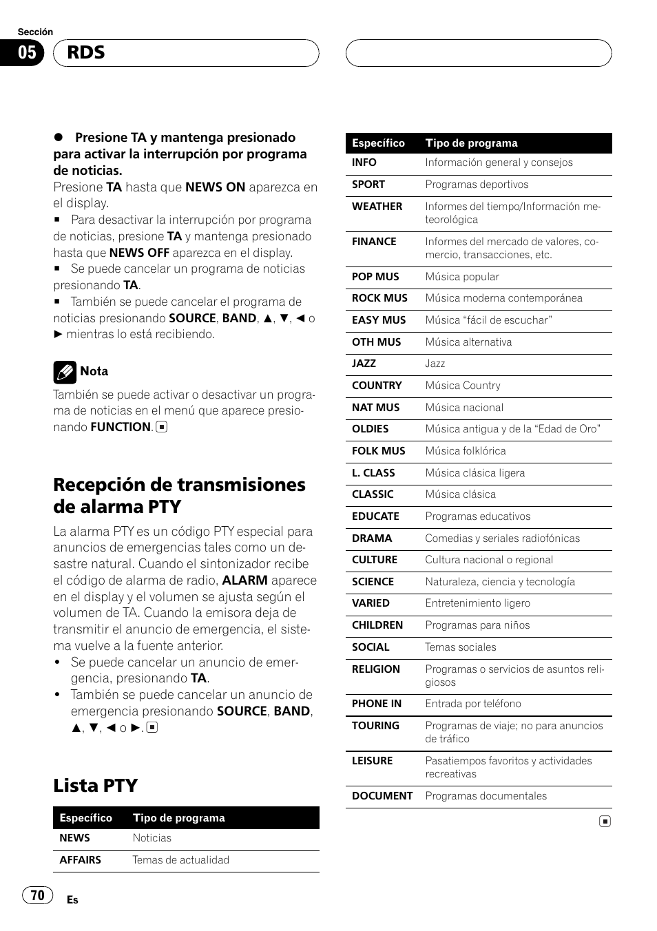 Recepción de transmisiones de alarma, Pty 70, Lista pty 70 | Recepción de transmisiones de alarma pty, Lista pty | Pioneer DEH-P5800MP User Manual | Page 70 / 110