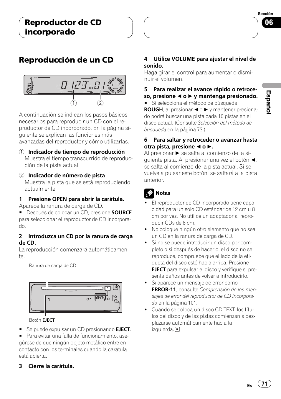 Reproductor de cd incorporado, Reproducción de un cd 71, Reproducción de un cd | Pioneer DEH-P5800MP User Manual | Page 71 / 110