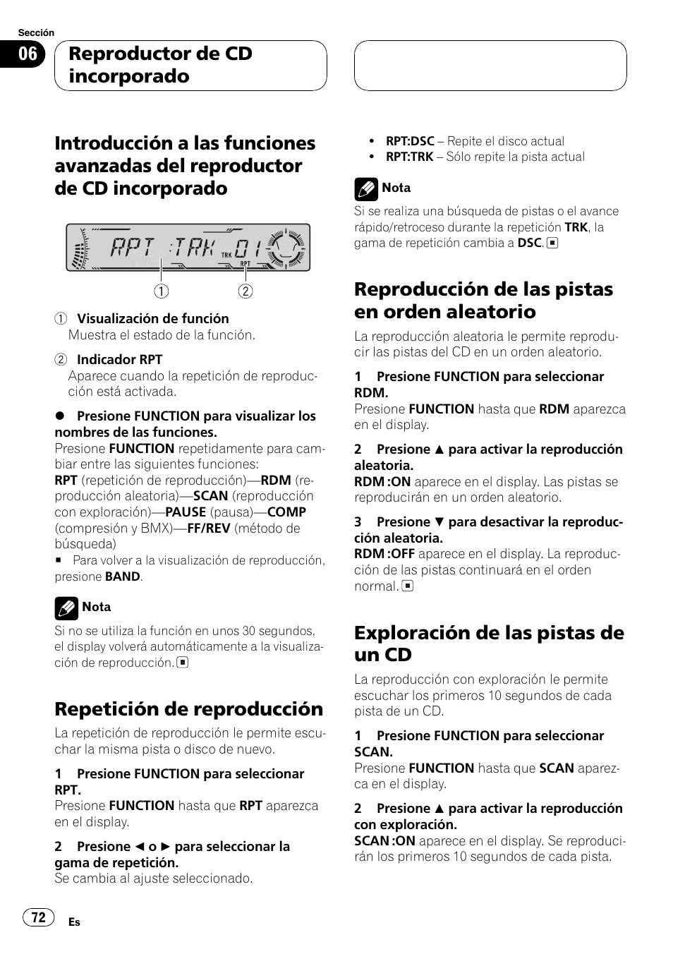 Introducción a las funciones avanzadas del, Reproductor de cd incorporado 72, Repetición de reproducción 72 | Reproducción de las pistas en orden, Aleatorio 72, Exploración de las pistas de un cd 72, Guiente, Repetición de reproducción, Reproducción de las pistas en orden aleatorio, Exploración de las pistas de un cd | Pioneer DEH-P5800MP User Manual | Page 72 / 110