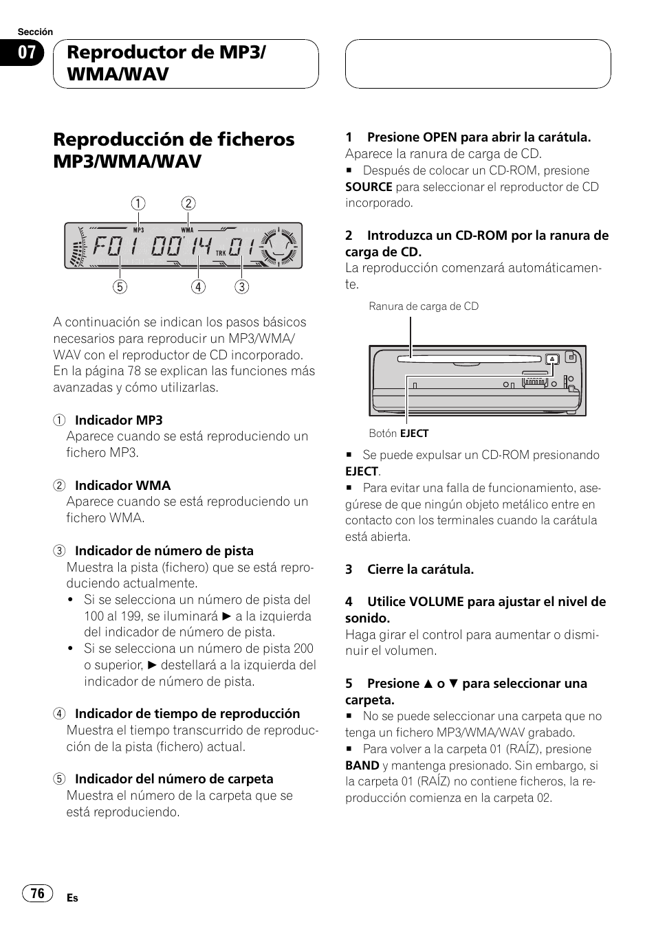 Reproductor de mp3/wma/wav, Reproducción de ficheros mp3/wma, Wav 76 | Reproducción de ficheros mp3/wma/wav, Reproductor de mp3/ wma/wav | Pioneer DEH-P5800MP User Manual | Page 76 / 110