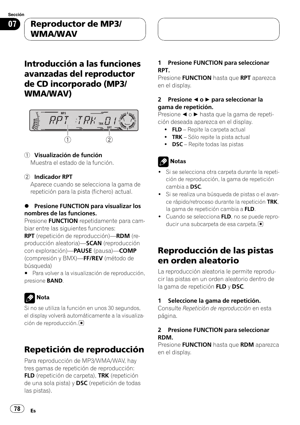 Introducción a las funciones avanzadas del, Reproductor de cd incorporado (mp3, Wma/wav) 78 | Repetición de reproducción 78, Reproducción de las pistas en orden, Aleatorio 78, Repetición de reproducción, Reproducción de las pistas en orden aleatorio, Reproductor de mp3/ wma/wav | Pioneer DEH-P5800MP User Manual | Page 78 / 110
