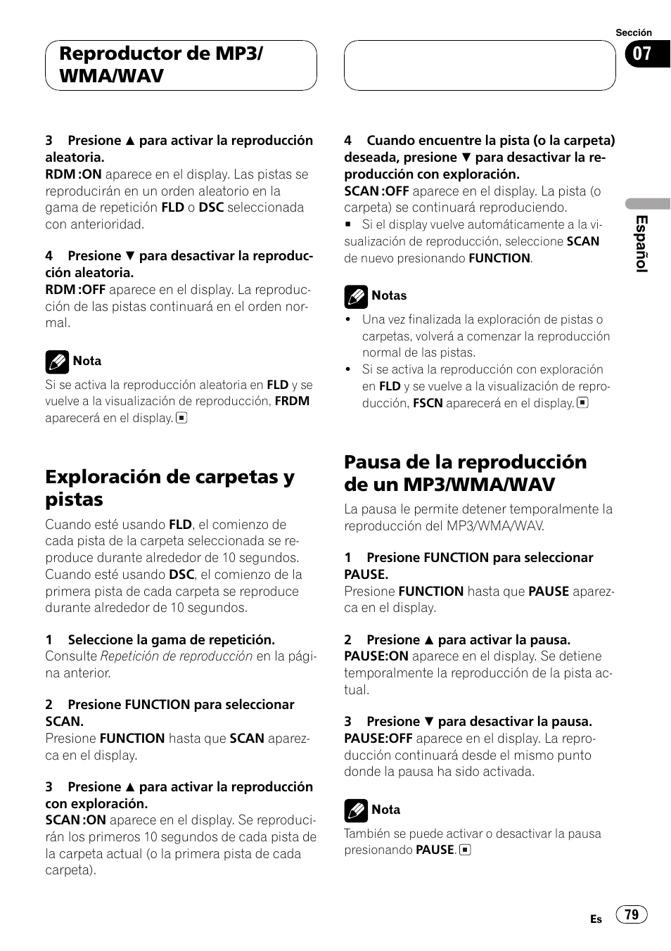 Exploración de carpetas y pistas 79, Pausa de la reproducción de un mp3/wma, Wav 79 | Exploración de carpetas y pistas, Pausa de la reproducción de un mp3/wma/wav, Reproductor de mp3/ wma/wav | Pioneer DEH-P5800MP User Manual | Page 79 / 110