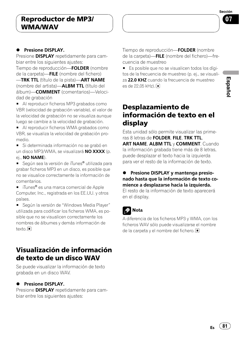 Visualización de información de texto de un, Disco wav 81, Desplazamiento de información de texto en | El display 81, Reproductor de mp3/ wma/wav | Pioneer DEH-P5800MP User Manual | Page 81 / 110