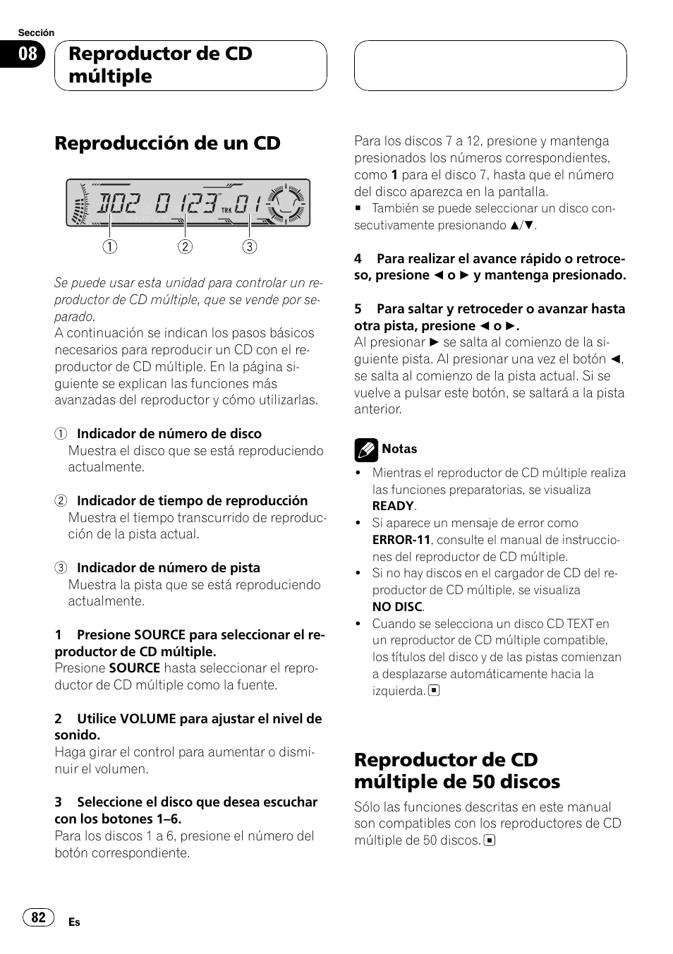 Reproductor de cd múltiple, Reproducción de un cd 82, Reproductor de cd múltiple de 50 | Discos 82, Reproducción de un cd, Reproductor de cd múltiple de 50 discos | Pioneer DEH-P5800MP User Manual | Page 82 / 110