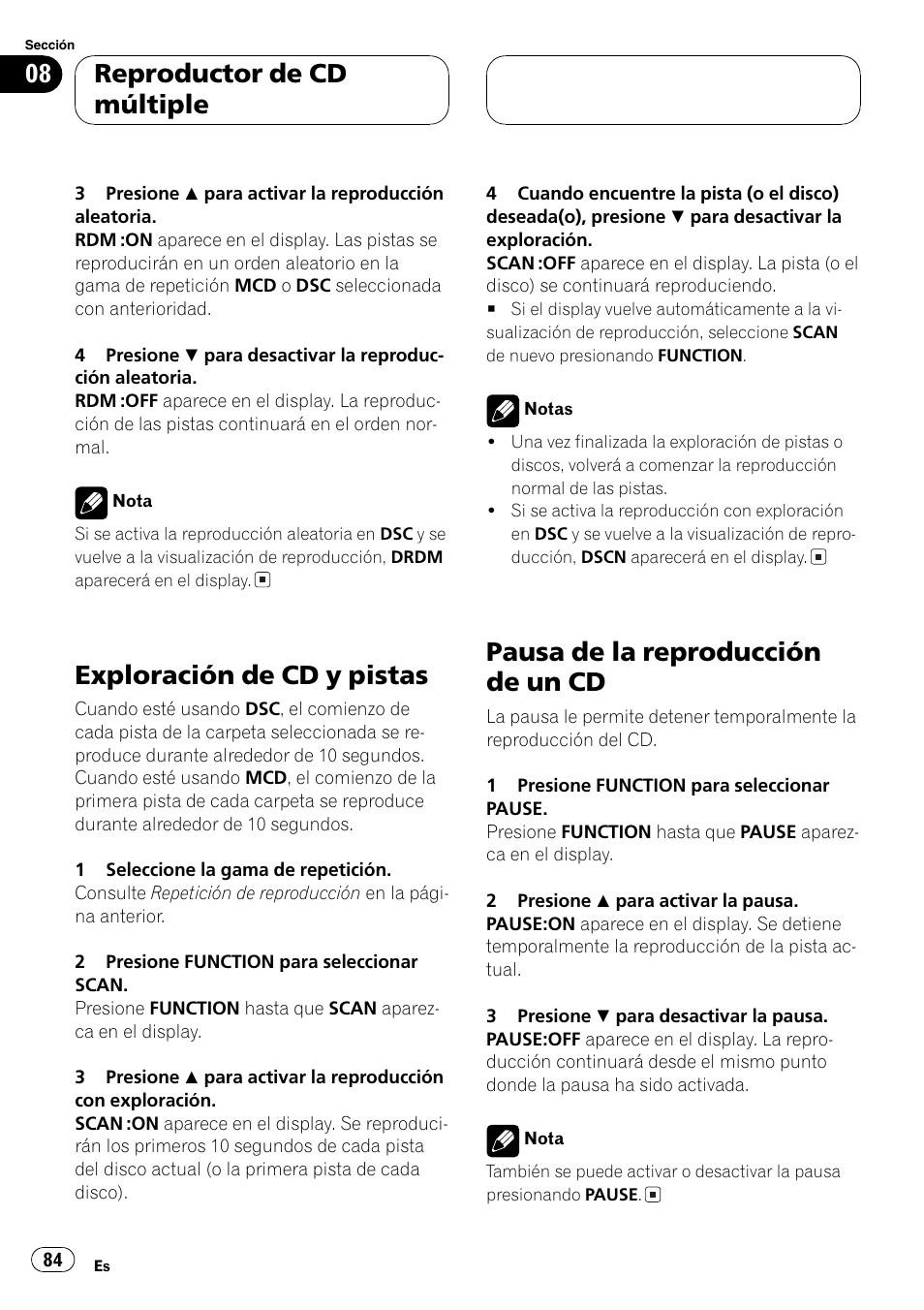 Exploración de cd y pistas 84, Pausa de la reproducción de un cd 84, Exploración de cd y pistas | Pausa de la reproducción de un cd, Reproductor de cd múltiple | Pioneer DEH-P5800MP User Manual | Page 84 / 110