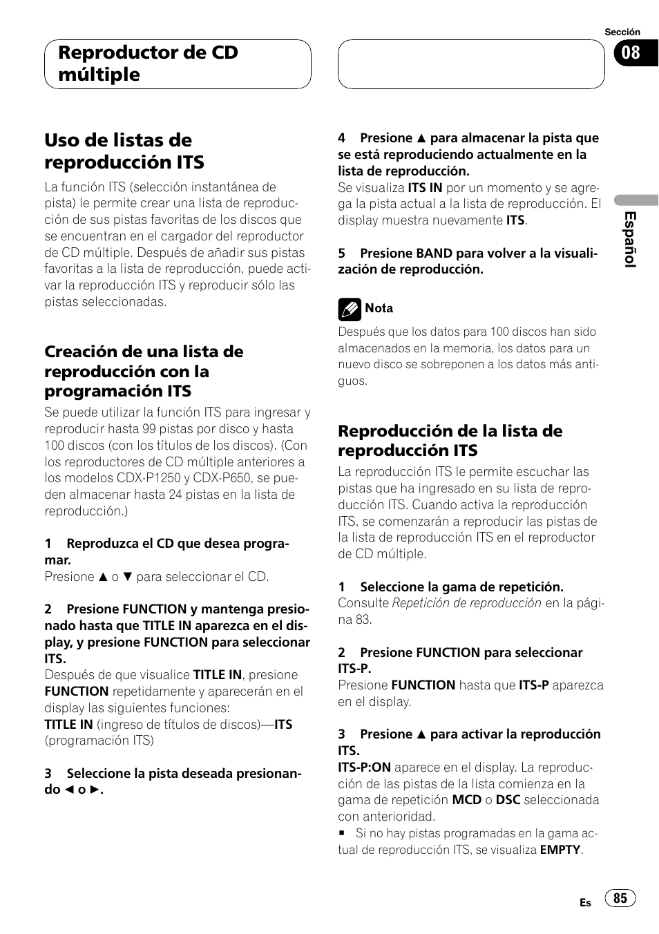 Uso de listas de reproducción its 85, Creación de una lista de reproducción, Con la programación its 85 | Reproducción de la lista de, Reproducción its 85, Uso de listas de reproducción its, Reproductor de cd múltiple | Pioneer DEH-P5800MP User Manual | Page 85 / 110