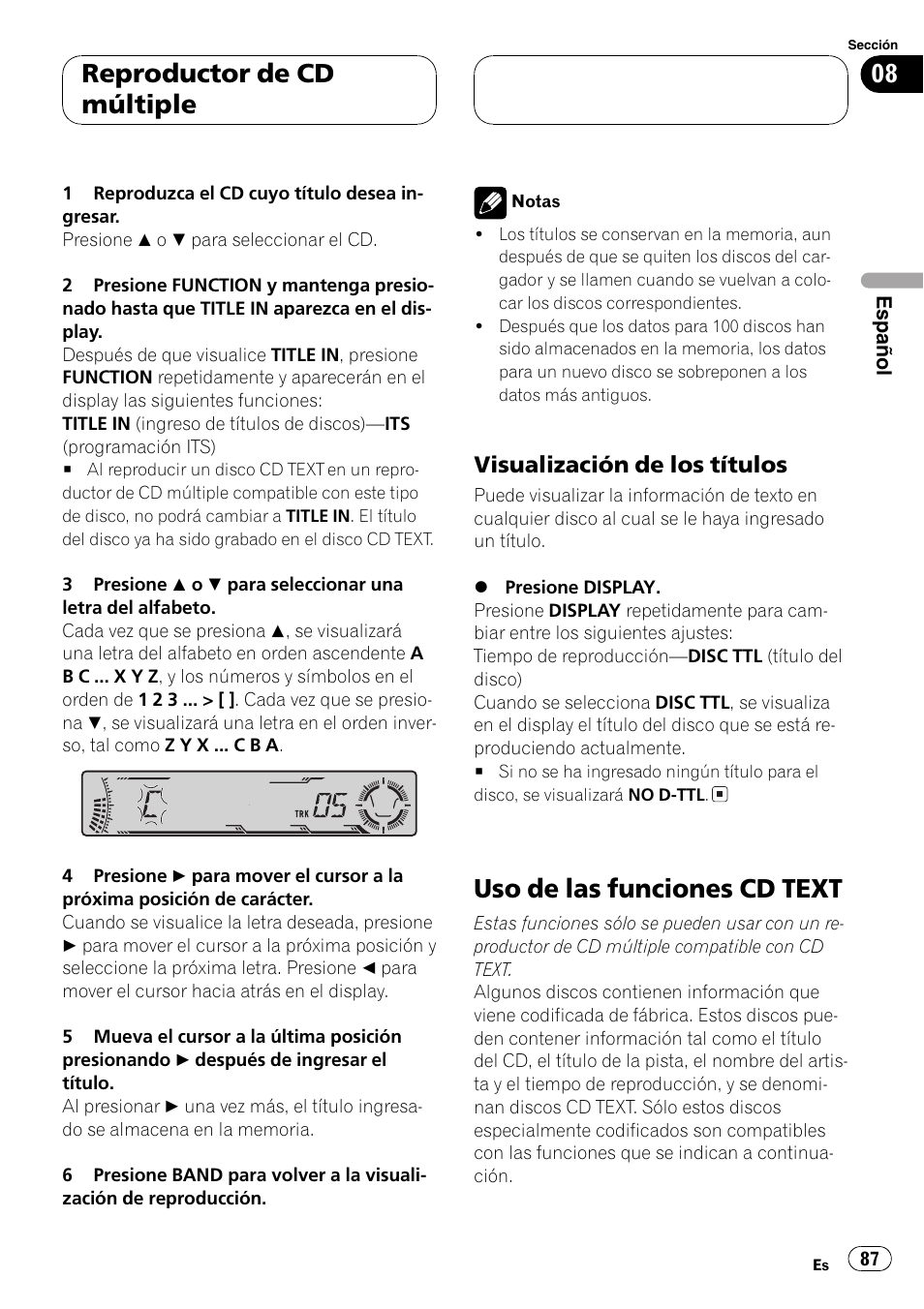 Visualización de los títulos 87, Uso de las funciones cd text 87, Uso de las funciones cd text | Reproductor de cd múltiple, Visualización de los títulos | Pioneer DEH-P5800MP User Manual | Page 87 / 110