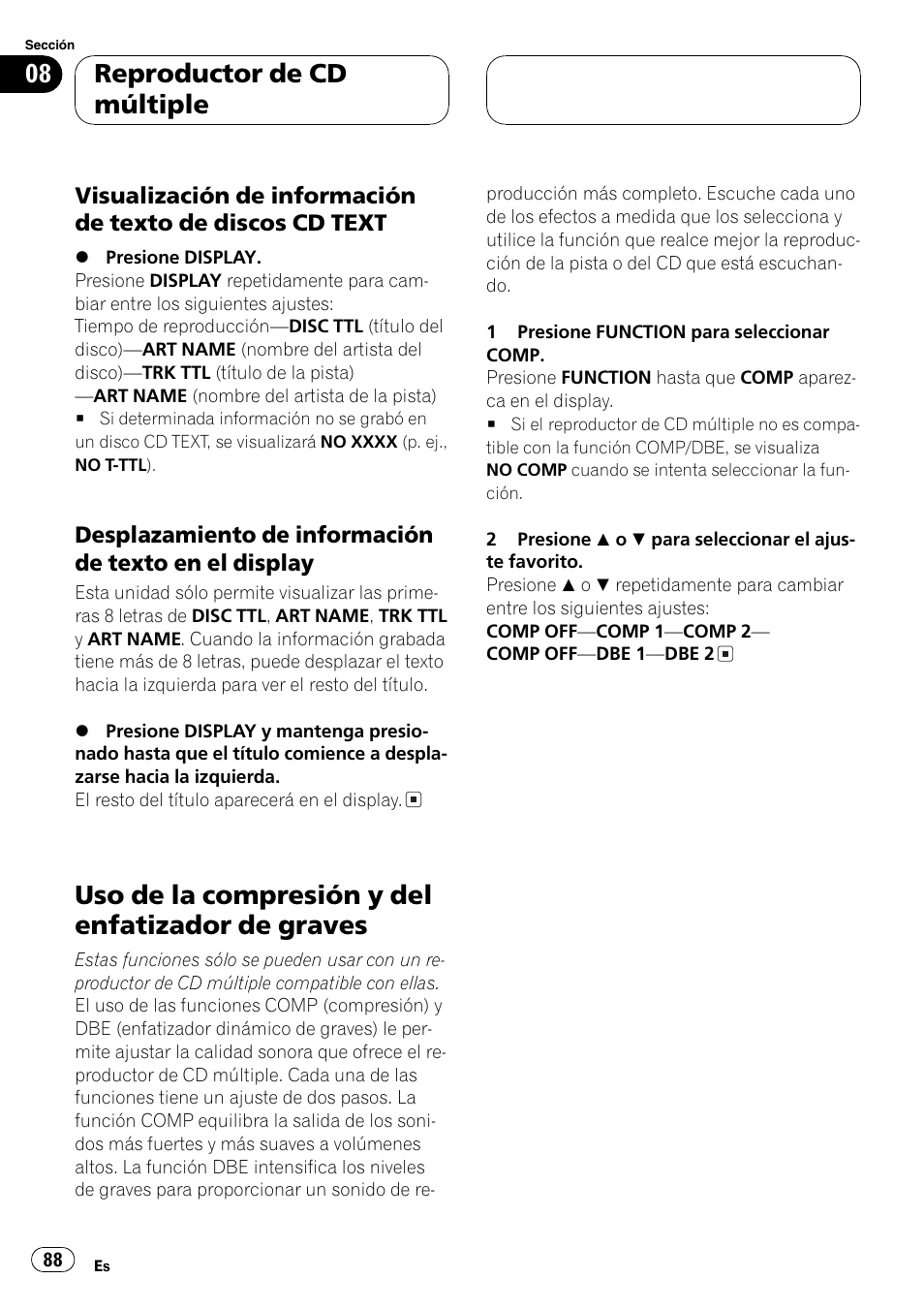 Visualización de información de texto, De discos cd text 88, Desplazamiento de información de | Texto en el display 88, Uso de la compresión y del enfatizador de, Graves 88, Uso de la compresión y del enfatizador de graves, Reproductor de cd múltiple | Pioneer DEH-P5800MP User Manual | Page 88 / 110