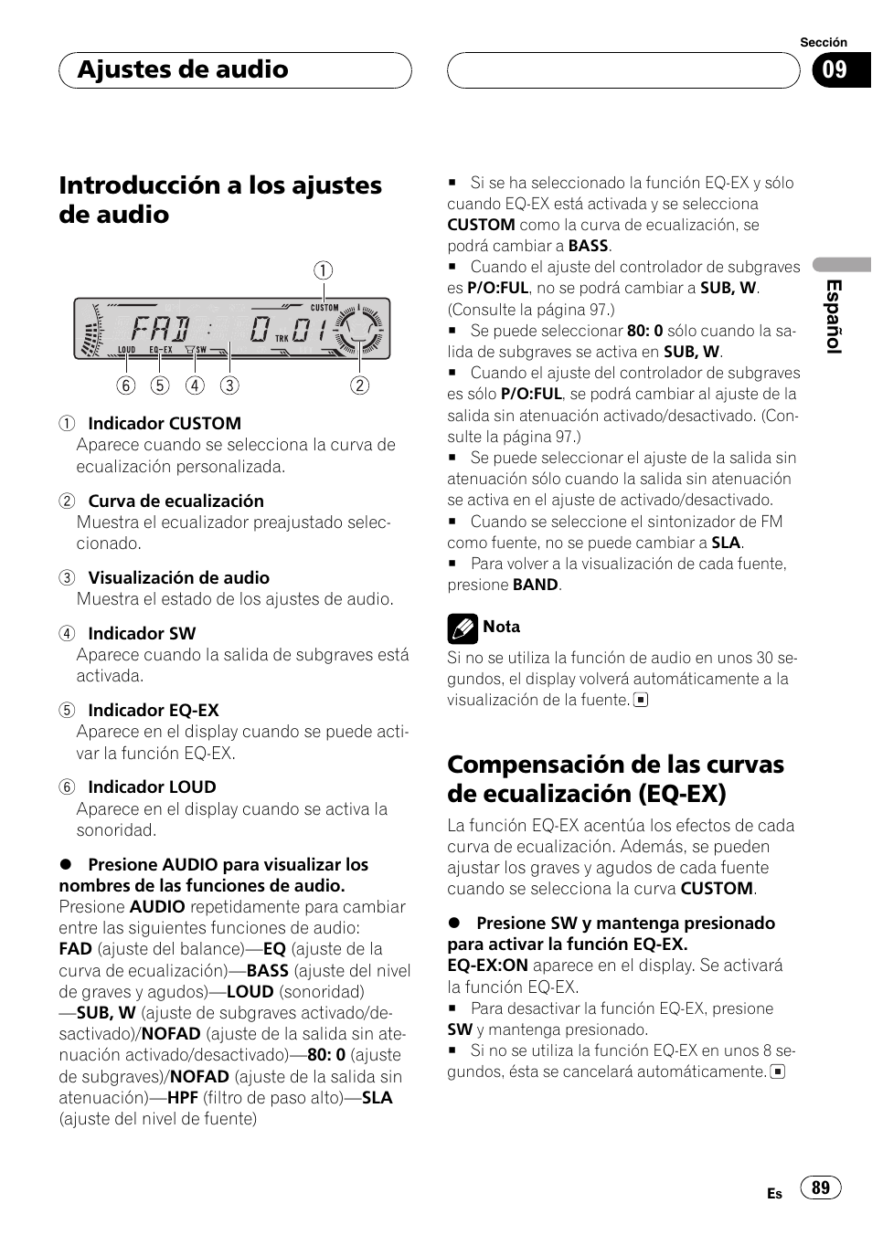 Ajustes de audio, Introducción a los ajustes de audio 89, Compensación de las curvas de ecualización | Eq-ex) 89, Compensación de las curvas de, Introducción a los ajustes de audio, Compensación de las curvas de ecualización (eq-ex) | Pioneer DEH-P5800MP User Manual | Page 89 / 110