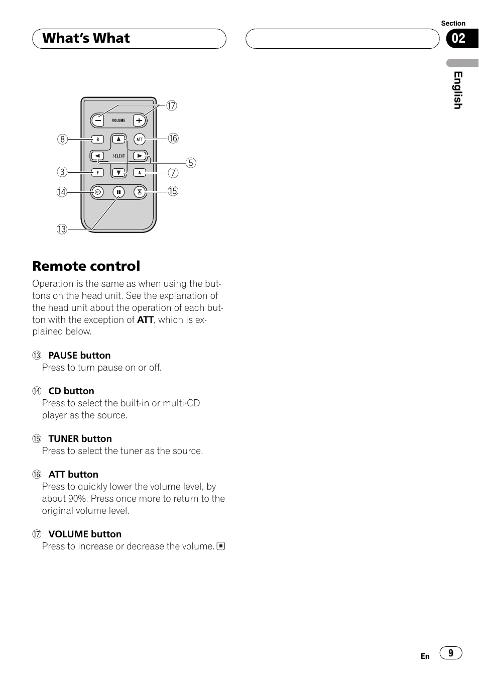 Remote control 9, Remote control, Whats what | Pioneer DEH-P5800MP User Manual | Page 9 / 110