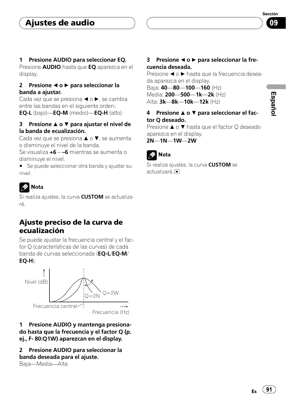 Ajuste preciso de la curva de, Ecualización 91, Ajustes de audio | Ajuste preciso de la curva de ecualización | Pioneer DEH-P5800MP User Manual | Page 91 / 110