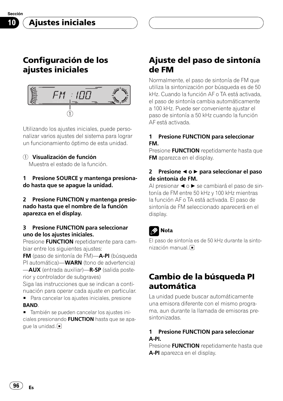 Ajustes iniciales, Configuración de los ajustes iniciales 96, Ajuste del paso de sintonía de fm 96 | Cambio de la búsqueda pi automática 96, Configuración de los ajustes iniciales, Ajuste del paso de sintonía de fm, Cambio de la búsqueda pi automática | Pioneer DEH-P5800MP User Manual | Page 96 / 110