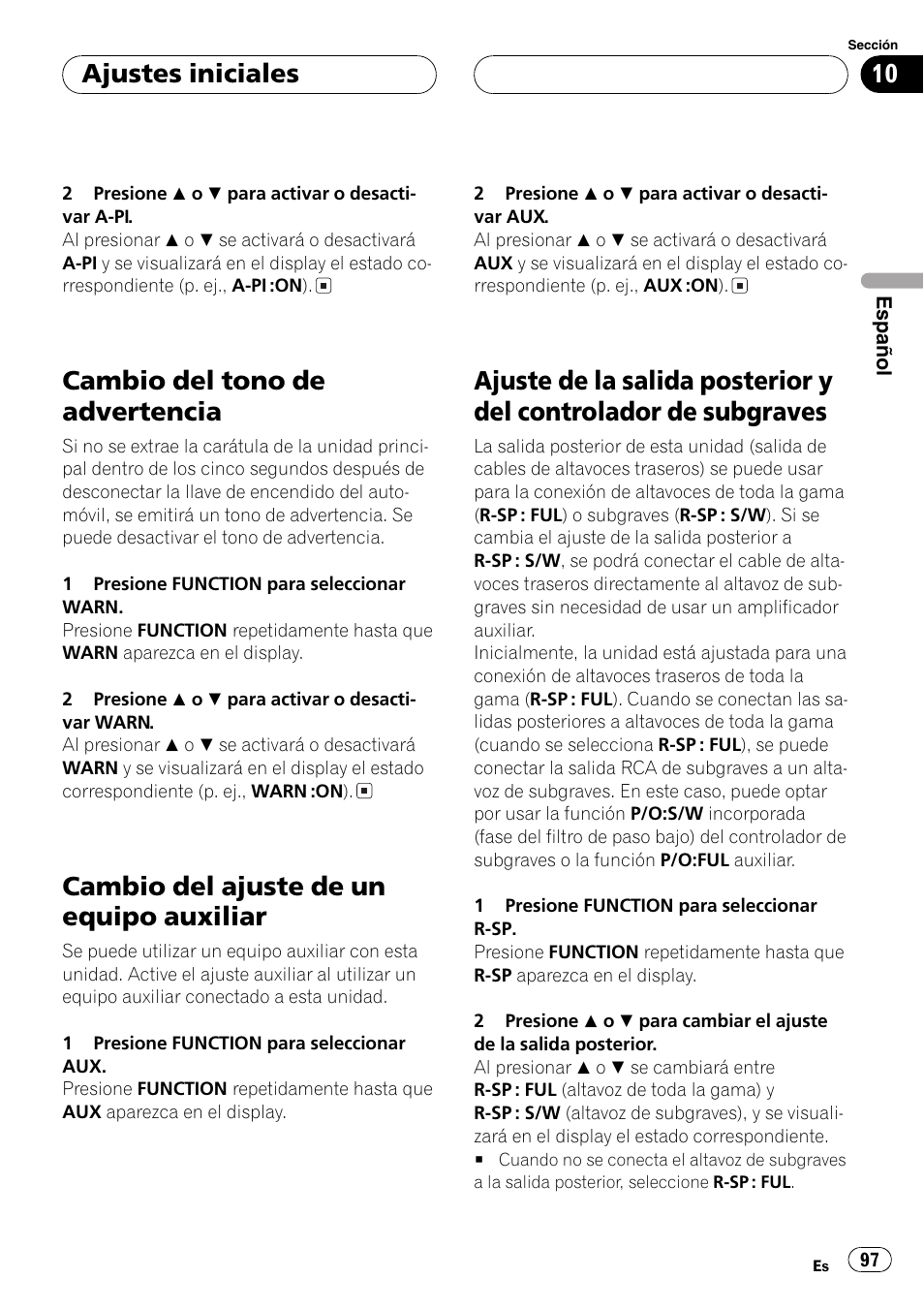 Cambio del tono de advertencia 97, Cambio del ajuste de un equipo auxiliar 97, Ajuste de la salida posterior y del controlador | De subgraves 97, Cambio del tono de advertencia, Cambio del ajuste de un equipo auxiliar, Ajustes iniciales | Pioneer DEH-P5800MP User Manual | Page 97 / 110