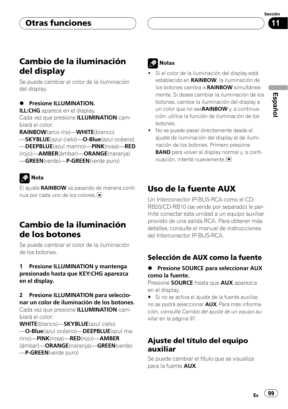 Otras funciones, Cambio de la iluminación del display 99, Cambio de la iluminación de los | Botones 99, Uso de la fuente aux 99, Selección de aux como la fuente 99, Ajuste del título del equipo, Auxiliar 99, Cambio de la iluminación del display, Cambio de la iluminación de los botones | Pioneer DEH-P5800MP User Manual | Page 99 / 110