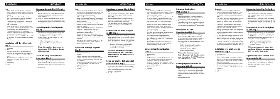 Installation <english, Instalación <español, Installation <français | Einbau <deutsch, Installation with the rubber bush (fig. 2), Removing the unit (fig. 3) (fig. 4), Switching the dsp setting mode (fig. 5), Instalación con tope de goma (fig. 2), Quitado de la unidad (fig. 3) (fig. 4), Conmutación del modo de ajuste de dsp (fig. 5) | Pioneer DEH-P9400MP User Manual | Page 2 / 8