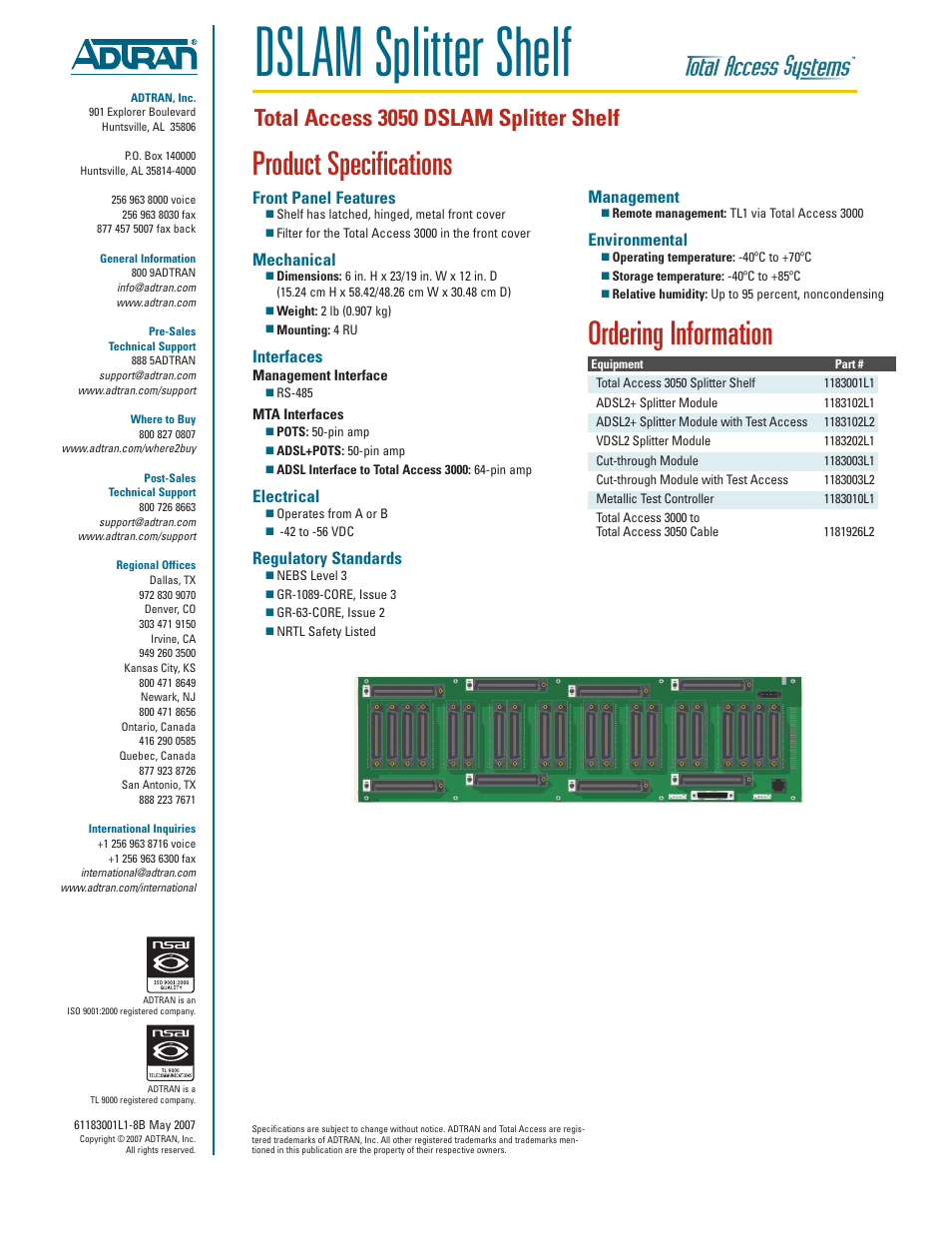 Dslam splitter shelf, Product specifications, Ordering information | Total access 3050 dslam splitter shelf, Front panel features, Mechanical, Interfaces, Electrical, Regulatory standards, Management | ADTRAN Total Access 3050 User Manual | Page 2 / 2