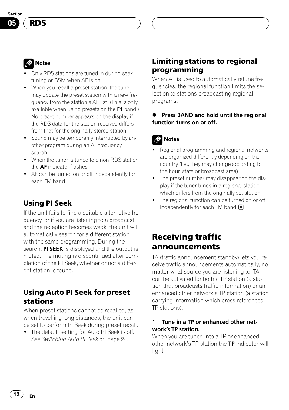 Using pi seek 12, Using auto pi seek for preset, Stations 12 | Limiting stations to regional, Programming 12, Receiving traffic announcements 12, Receiving traffic announcements, Using pi seek, Using auto pi seek for preset stations, Limiting stations to regional programming | Pioneer DEH-4700MPB User Manual | Page 12 / 100