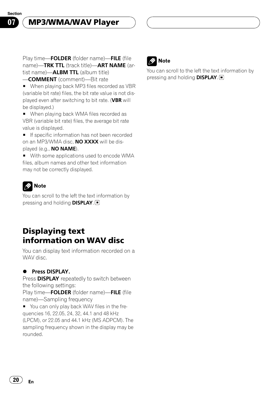 Displaying text information on wav disc 20, Displaying text information on wav disc, Mp3/wma/wav player | Pioneer DEH-4700MPB User Manual | Page 20 / 100