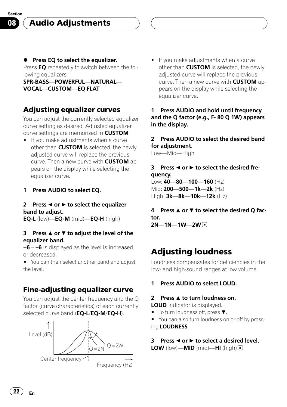 Adjusting equalizer curves 22, Fine-adjusting equalizer curve 22, Adjusting loudness 22 | Adjusting loudness, Audio adjustments, Adjusting equalizer curves, Fine-adjusting equalizer curve | Pioneer DEH-4700MPB User Manual | Page 22 / 100