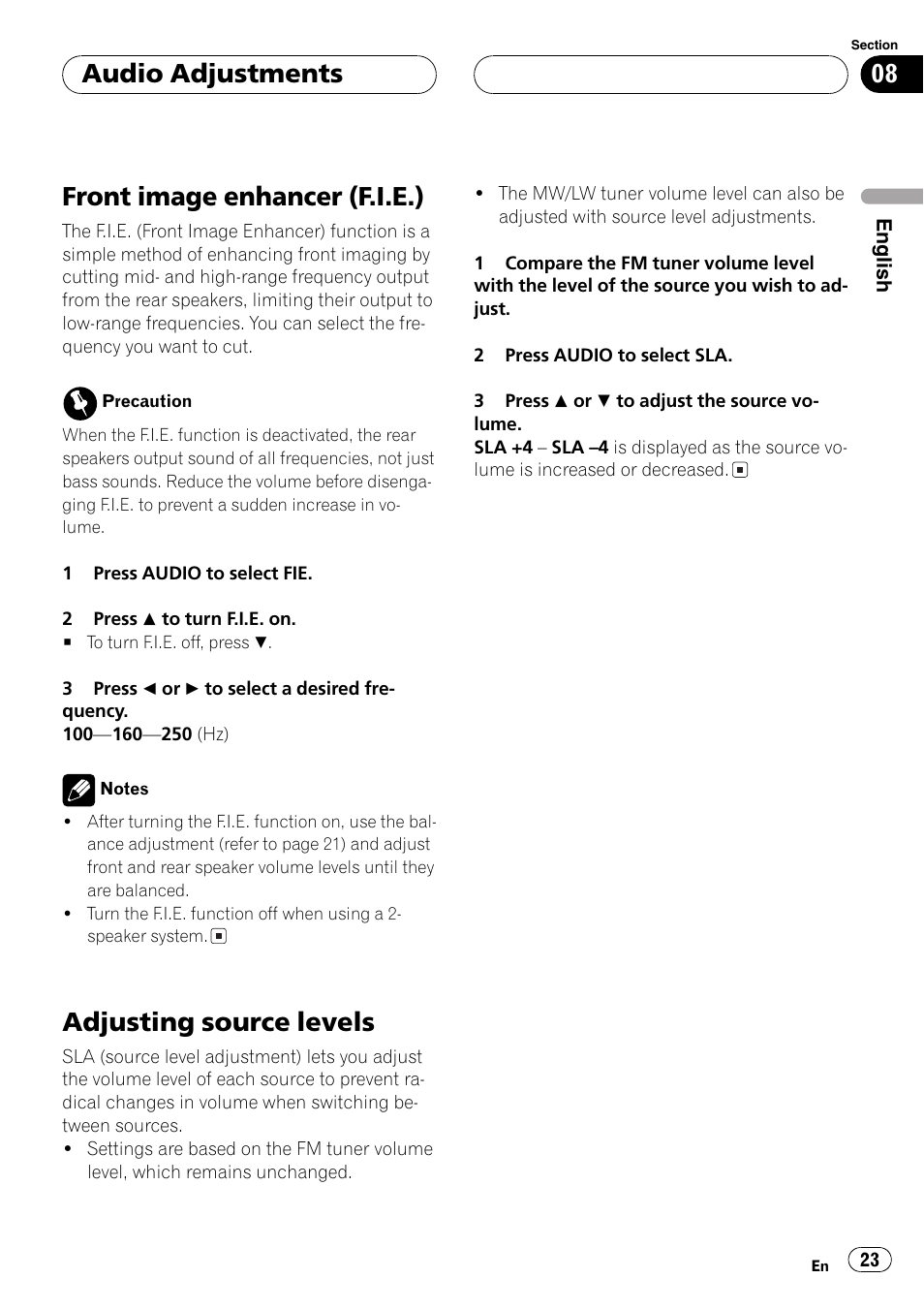 Front image enhancer (f.i.e.), Adjusting source levels, Audio adjustments | Pioneer DEH-4700MPB User Manual | Page 23 / 100