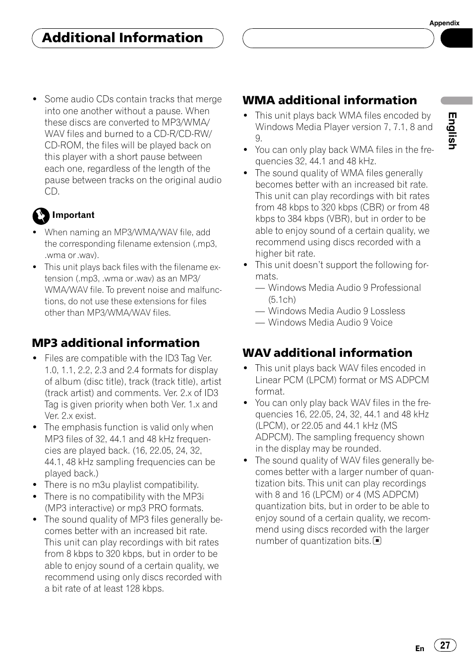 Mp3 additional information 27, Wma additional information 27, Wav additional information 27 | Additional information, Mp3 additional information, Wma additional information, Wav additional information | Pioneer DEH-4700MPB User Manual | Page 27 / 100