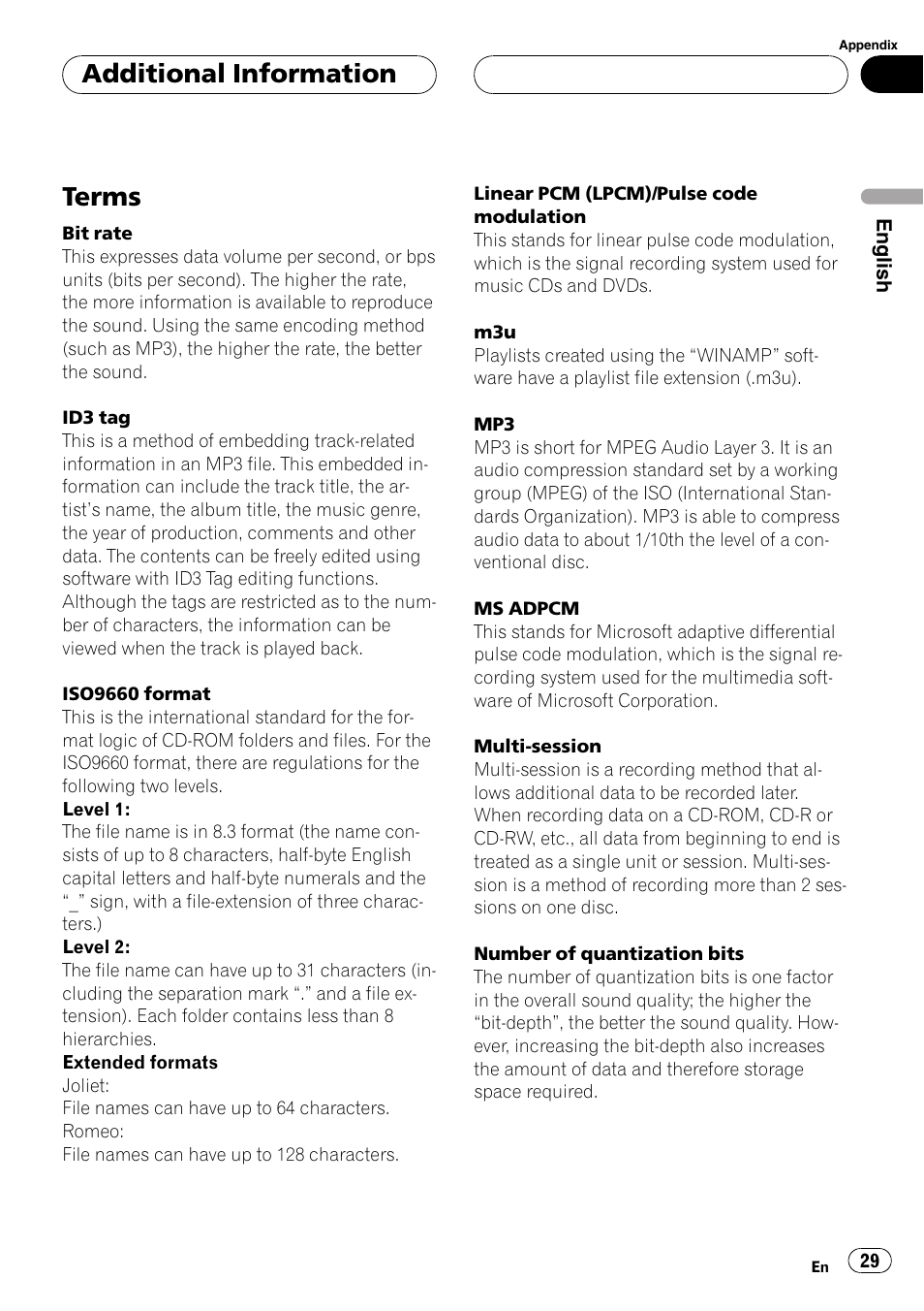 Terms 29, Terms, Additional information | Pioneer DEH-4700MPB User Manual | Page 29 / 100