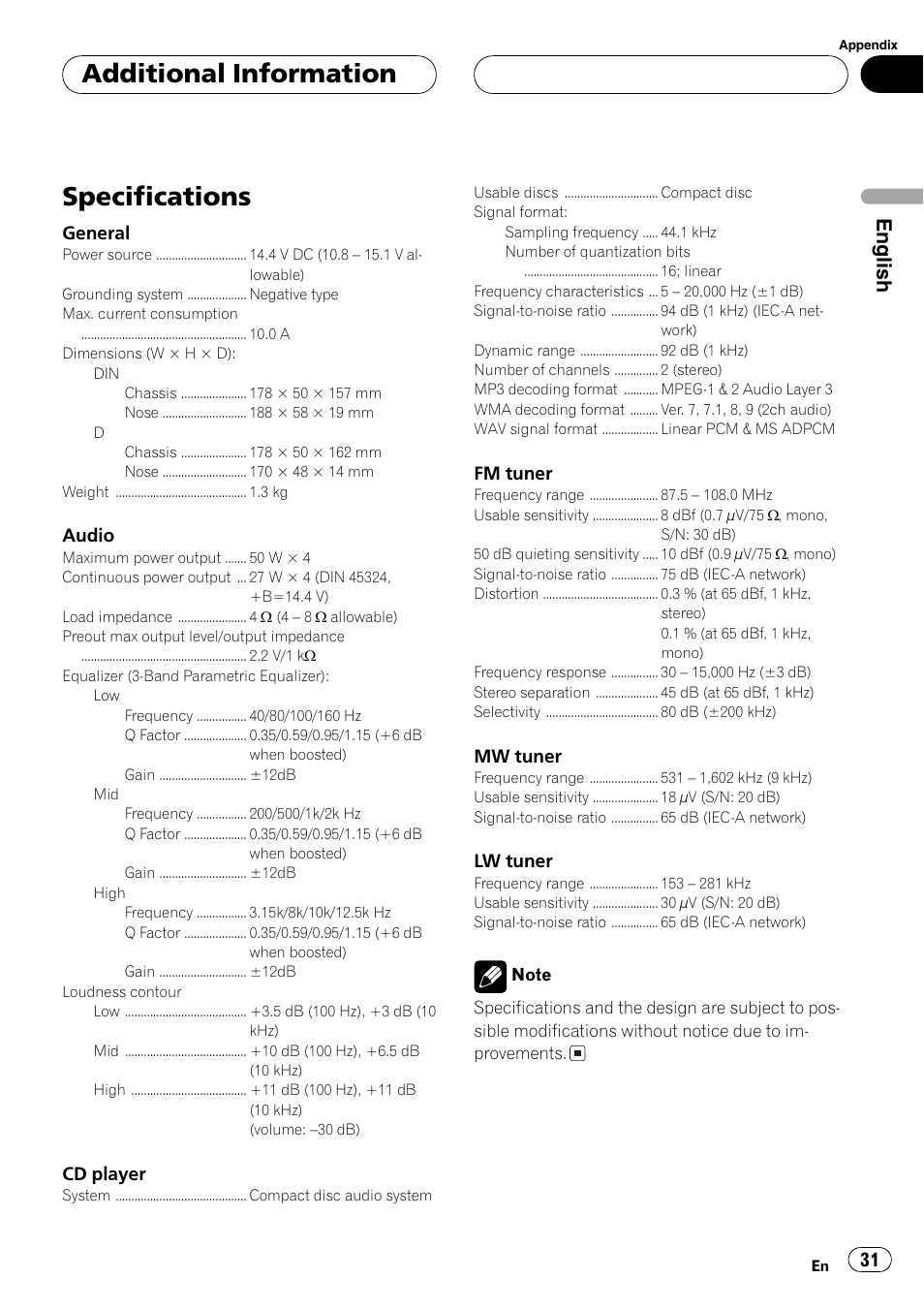 Specifications 31, Specifications, Additional information | English | Pioneer DEH-4700MPB User Manual | Page 31 / 100