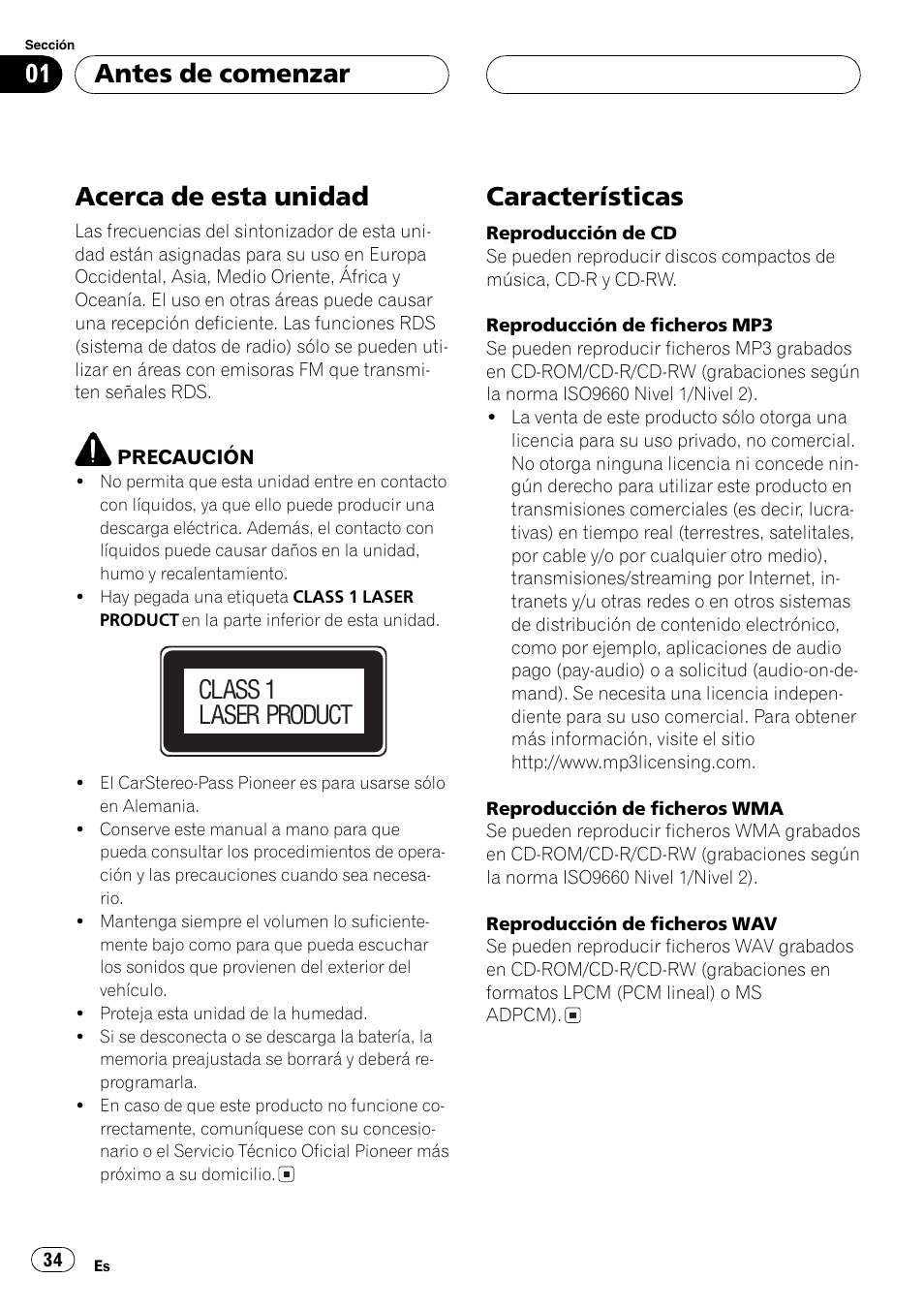 Acerca de esta unidad, Características, Antes de comenzar | Class 1 laser product | Pioneer DEH-4700MPB User Manual | Page 34 / 100