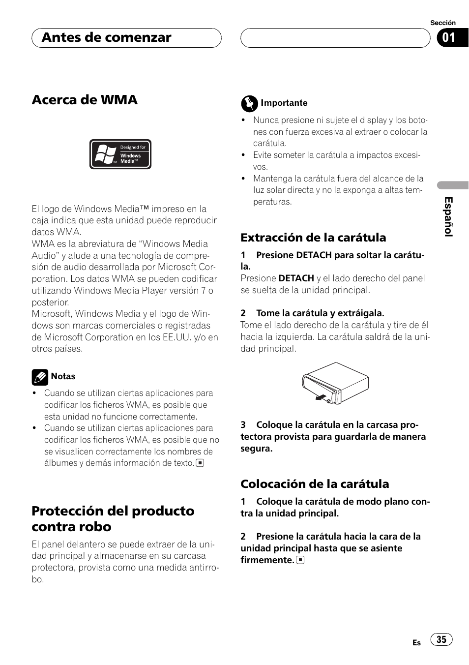 Extracción de la carátula 35, Colocación de la carátula 35, Acerca de wma | Protección del producto contra robo, Antes de comenzar, Extracción de la carátula, Colocación de la carátula | Pioneer DEH-4700MPB User Manual | Page 35 / 100