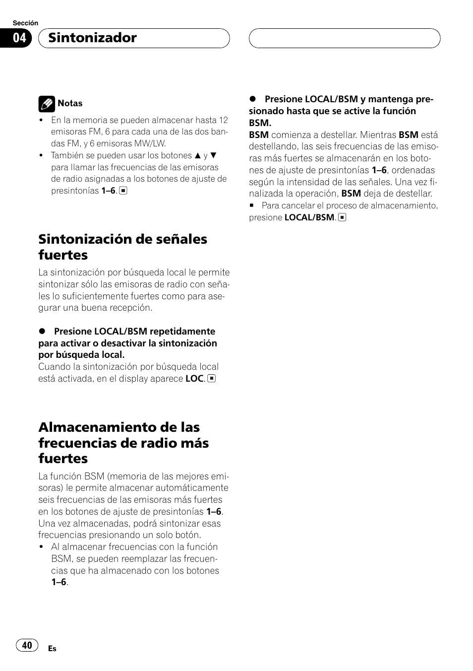 Más fuertes 40, Sintonización de señales fuertes, Sintonizador | Pioneer DEH-4700MPB User Manual | Page 40 / 100