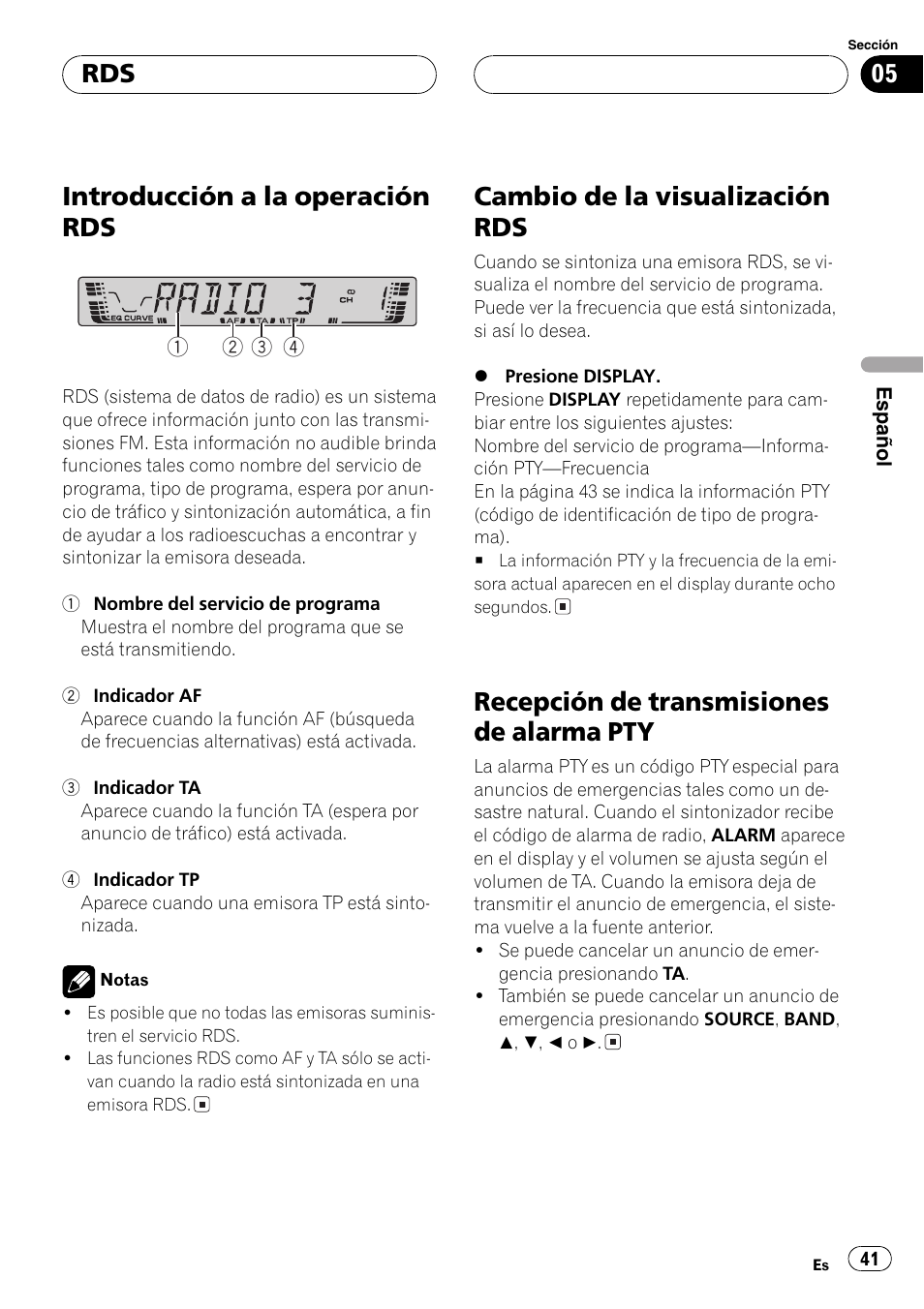 Pty 41, Introducción a la operación rds, Cambio de la visualización rds | Recepción de transmisiones de alarma pty | Pioneer DEH-4700MPB User Manual | Page 41 / 100