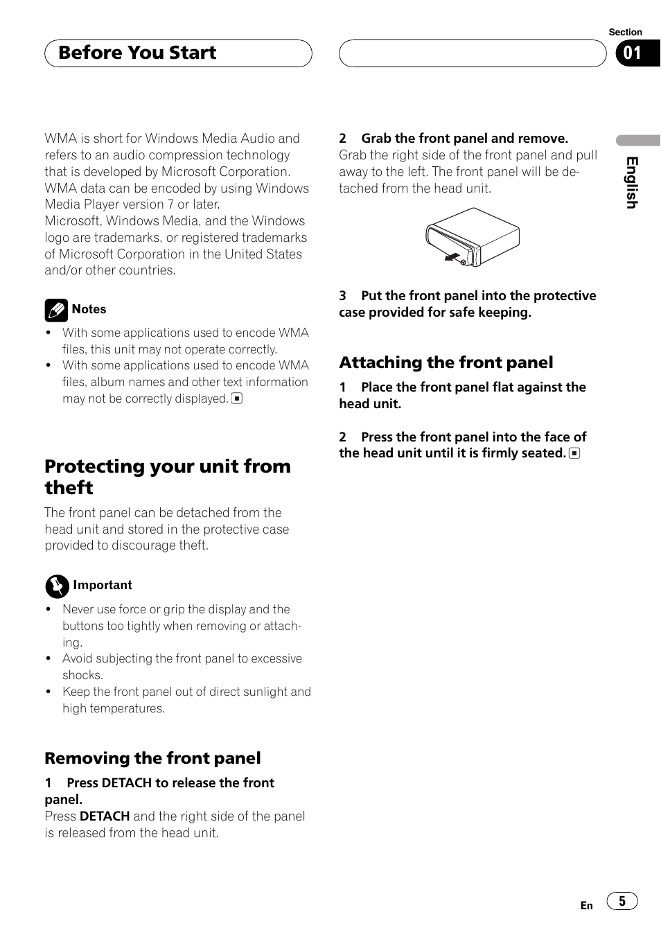 Protecting your unit from theft 5, Removing the front panel 5, Attaching the front panel 5 | Protecting your unit from theft, Before you start, Removing the front panel, Attaching the front panel | Pioneer DEH-4700MPB User Manual | Page 5 / 100
