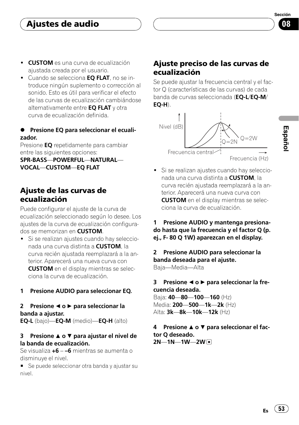 Ajuste de las curvas de, Ecualización 53, Ajuste preciso de las curvas de | Ajustes de audio, Ajuste de las curvas de ecualización, Ajuste preciso de las curvas de ecualización | Pioneer DEH-4700MPB User Manual | Page 53 / 100