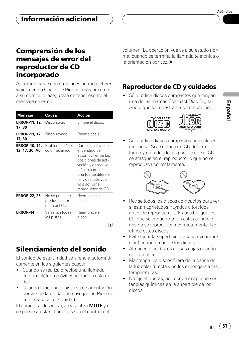 Reproductor de cd incorporado 57, Silenciamiento del sonido, Reproductor de cd y cuidados | Información adicional | Pioneer DEH-4700MPB User Manual | Page 57 / 100