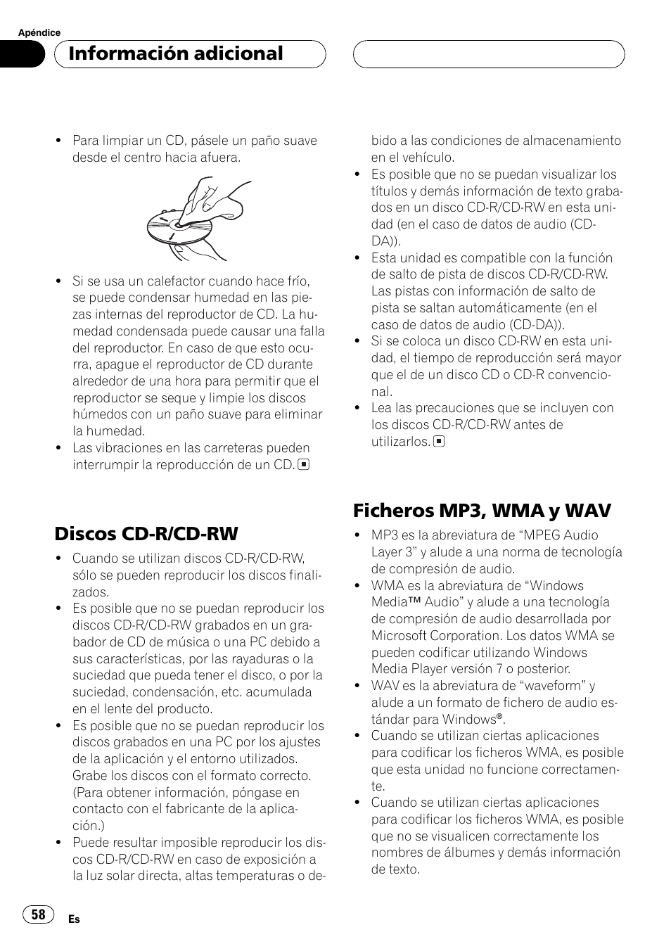 Discos cd-r/cd-rw 58 ficheros mp3, wma y wav 58, Discos cd-r/cd-rw, Ficheros mp3, wma y wav | Información adicional | Pioneer DEH-4700MPB User Manual | Page 58 / 100