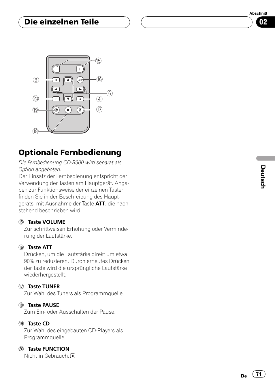 Optionale fernbedienung 71, Optionale fernbedienung, Die einzelnen teile | Pioneer DEH-4700MPB User Manual | Page 71 / 100