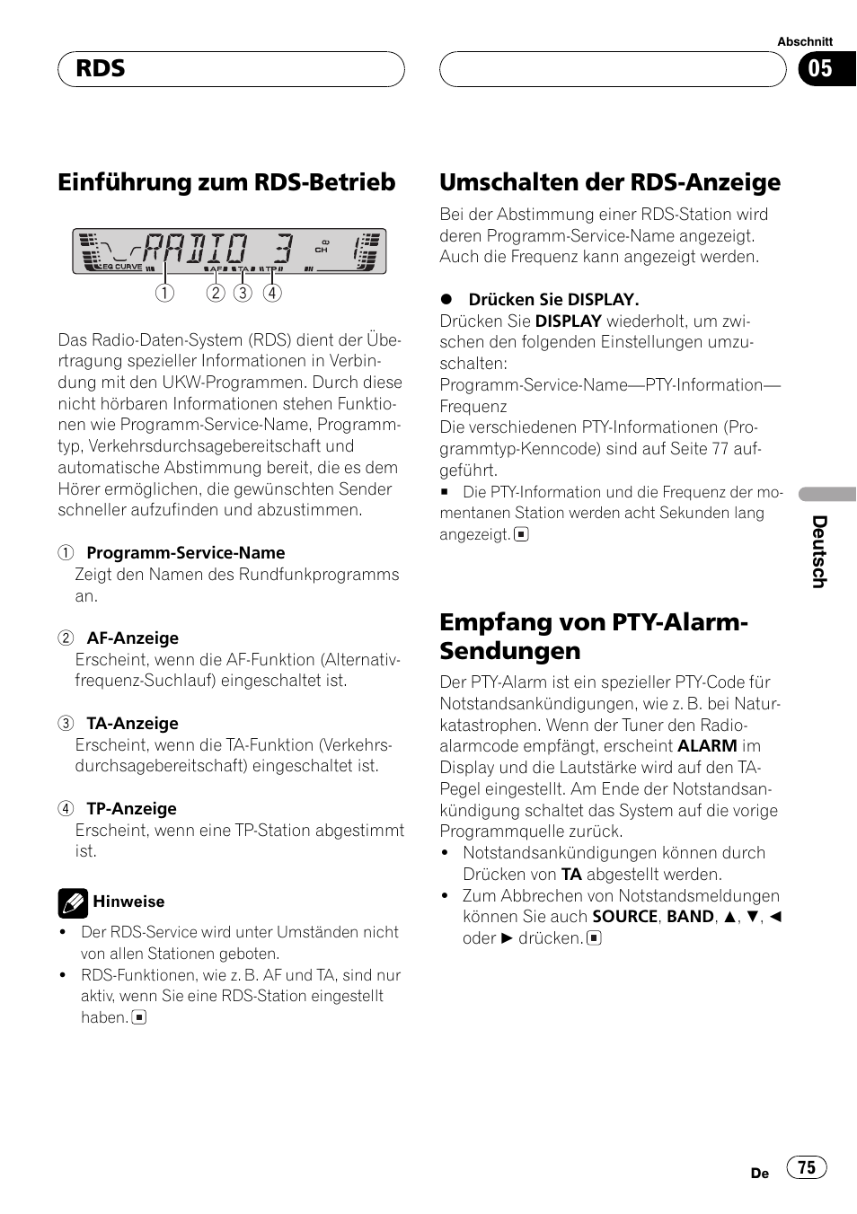 Einführung zum rds-betrieb 75, Umschalten der rds-anzeige 75, Empfang von pty-alarm-sendungen 75 | Einführung zum rds-betrieb, Umschalten der rds-anzeige, Empfang von pty-alarm- sendungen | Pioneer DEH-4700MPB User Manual | Page 75 / 100